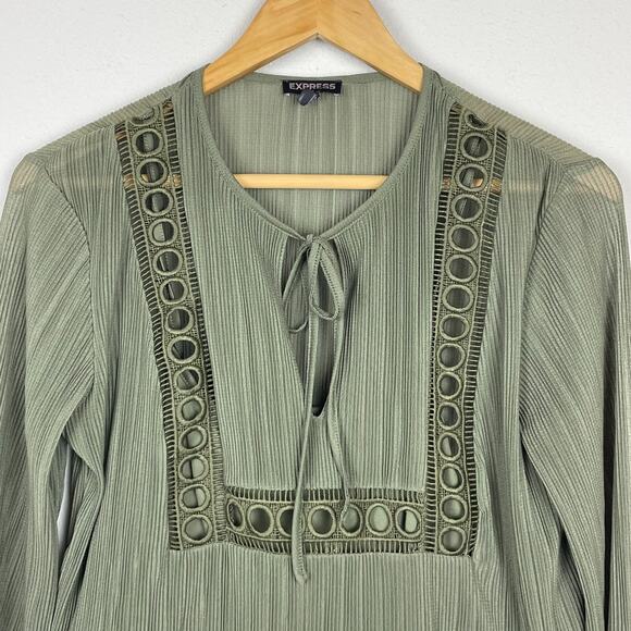 Express Green Crinkle Bell Sleeve Peplum Top Size S Y2K Forest Fairy Boho - Picture 2 of 6